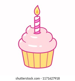 Cute pink cupcake with birthday candle, cartoon drawing. Isolated vector illustration.