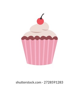 Cupcake rosa bonito com cereja no topo. Ilustração do bolo de manteiga. Bolo de muffin. Bolo dos namorados. Bolinho de morango.