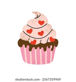 Cute pink cupcake with chocolate frosting and heart decorations. Perfect for Valentine's Day cards, stickers, and gift tags. Flat vector illustration isolated on white background.