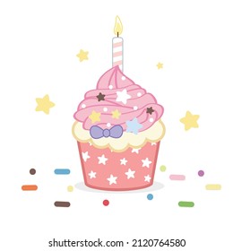 Cute pink cupcake with cream for birthday,dessert sweet and food theme Vector illustration.