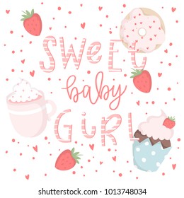 Cute pink cupcake and donut hand drawn illustration could use as card, tag, poster, label template design. Valentines day, cute girl or baby shower room decor element or invitation