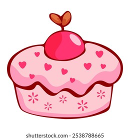Bonito cupcake rosa com padrões de coração e cereja em cima, isolado no fundo branco. Design para temas de amor, sobremesa e celebração. Vetor