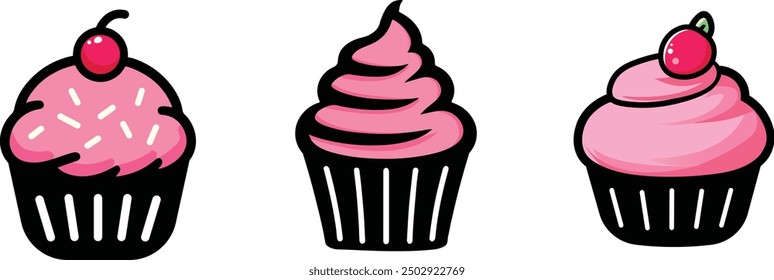 cute pink cupcake icon illustration set