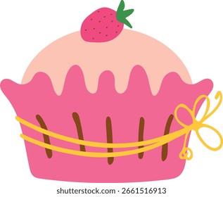 Cute pink cupcake with strawberry. Flat Birthday vector