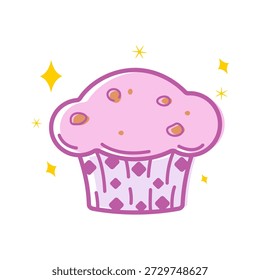 Cute pink cupcake vector illustration with sprinkles and sparkling stars, in cartoon style