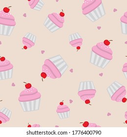 Cute pink cupcakes and cherries vector seamless pattern design