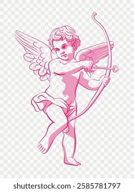 Cute pink Cupid with a bow. Valentine's Day. 14 February. Cherub. Amour. Angel. Silhouette. Sticker. Symbol of the day of lovers. Vector flat illustration on transparent background