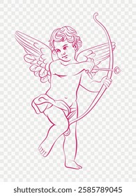 Cute pink Cupid with a bow. Valentine's Day. 14 February. Cherub. Amour. Angel. Silhouette. Sticker. Symbol of the day of lovers. Vector flat illustration on transparent background