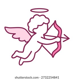 Cute Pink Cupid Icon in Flat Line Style, Angel of Love with Bow and Arrow Illustration for Valentine’s Day, Romantic Wedding Design, Love Symbols, Stickers, Social Media, UI and Digital Marketing.   