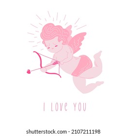 Cute pink cupid, vector illustration. Valentine's Day greeting card template. 