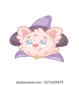 Cute pink curly cat character. Halloween witch cat in a purple cloak and hat. In hand drawing and doodle style. As a mascot, character, sticker