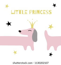 Cute pink dachshund dog on a white background. Dachshund in the golden crown. Text: little princess. Seamless vector illustration of a childlike style. Suitable for printing on postcards, posters.