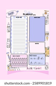 cute pink daily planner with a self care products theme