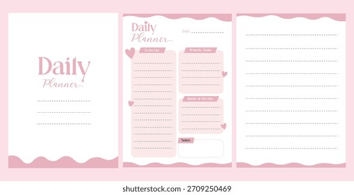 Cute Pink Daily Planner Vector Template, Feminine To Do List and Organizer Worksheet Set, Pink Productivity Journal
