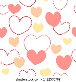 Cute pink dash line,white,orange heart seamless background,vector illustration.Sweet romantic valentines's day concept for paper wrapping,wallpaper,template,textile,wedding card.