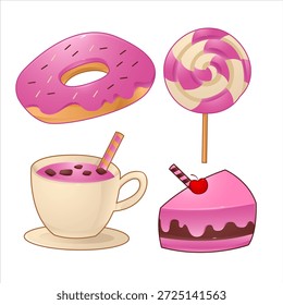 Lindo conjunto de iconos de postre rosa con donuts, piruleta, rebanada de pastel y bebida de chocolate en estilo de dibujos animados
