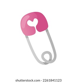 Cute pink diaper pin with heart. Baby safety pin. Baby shower invitation. It's a girl. Hello baby celebration, holiday, event. Banner, flyer. Cartoon illustration