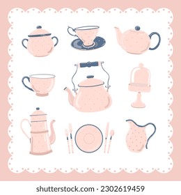 Cute pink dinnerware set. Polka dot pattern. Sugar bowl, tea-set, kettle, tea pot, cup, cloche, cake stand, coffee pot, tableware, milk jug, napkin. 
