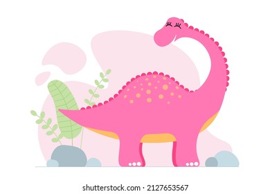 Cute pink dino brontosaurus. Kind smiling baby dinosaur brachiosaurus. Cartoon baby graphic design print banner. Creative girlish original design. Hand drawing diplodocus vector eps illustration