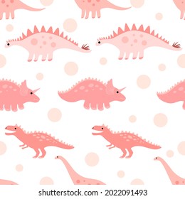 Cute pink dino with dot seamless pattern in doodle style on white background for fashion print, wallpaper, gift wrapping paper etc.
