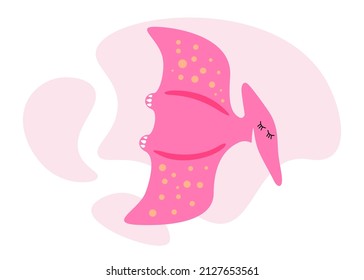 Cute Pink Dino. Kind Smiling Baby Dinosaur Pterodactyl. Cartoon Baby Graphic Design Print Banner. Creative Girlish Pterosaur Original Design. Hand Drawing Vector Eps Illustration