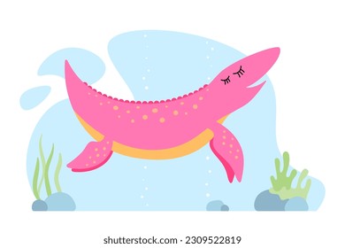 Cute pink dino. Kind smiling ichthyosaur dinosaur character. Cartoon large extinct marine reptile graphic design print banner. Creative girlish ichthyosaurus. Swimming aquatic wildlife creature. Eps