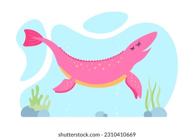 Cute pink dino. Kind smiling ichthyosaur dinosaur character. Cartoon large extinct marine ancient reptile. Creative girlish ichthyosaurus. Swimming aquatic wildlife prehistoric creature. Eps vector