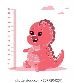 cute pink dino measures height. Growth lines with funny animals, gradual child maturation, cute  dinosaur, vector poster
