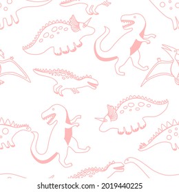 Cute pink dino seamless pattern in doodle style on white background for fashion print, wallpaper, gift wrapping paper etc.