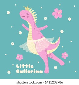 Cute pink dinosaur ballerina with hibiscus flowers. Design element for t-shirt, kids apparel, poster, nursery or etc. Vector illustration.