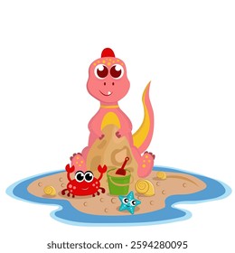 A cute pink dinosaur is building a sand castle. Around him are yellow shells, a green bucket with a red shovel, a crab is walking, a blue starfish is lying. On a white background. Illustration.