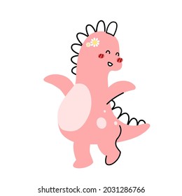 A cute pink dinosaur cartoon character flat vector illustration isolated on white background. Girly dino cute character for kids. Cute animal for kids T-shirt, scrapbook, pattern.