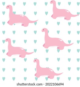 Cute pink dinosaur cartoon pattern with heart pattern on white background.