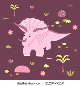 Cute pink dinosaur drawn in children's style with decorative elements. Triceratops for printing on kids things. Trendy vector drawing style