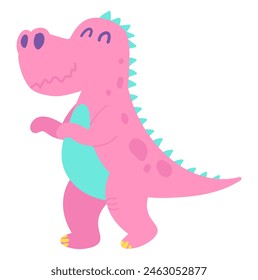 Cute pink dinosaur in flat design. Funny childish prehistoric reptile. Vector illustration isolated.