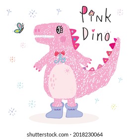 Cute pink dinosaur girl doodle vector illustration, Simple Nursery Art for Baby Girl