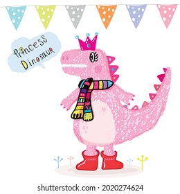 Cute pink dinosaur girl doodle vector illustration, Simple Nursery Art for Baby Girl