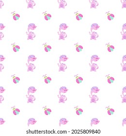 Cute Pink dinosaur with ladybug on white background.Vector isolate flat design of  Dino background for kids,Baby design for fabric, wallpaper, For print, child clothes, t-shirt,wrapping paper or card.