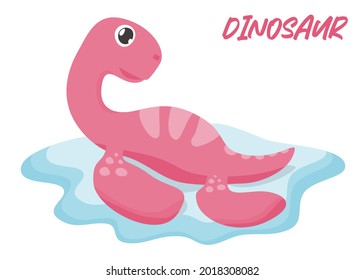 Cute pink dinosaur with a long neck and a short tail marine. A cute children's cartoon character on a white background. Flat Vector illustration for postcards, posters, t-shirts, mugs, notebook covers