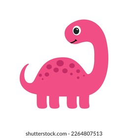 Cute pink dinosaur with long neck. Vector illustration isolated on white background.