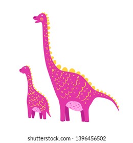 Cute pink dinosaur mom and baby. Family of dinosaurs.  Funny animals. Vector background. Childish hand drawn illustration. Character for kids. Pencil texture. Isolated.