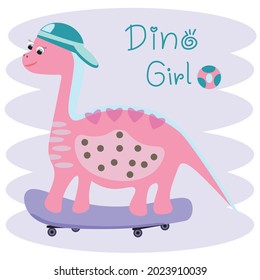 Cute pink dinosaur play skateboard  with Dino Girl message on purple background. Vector illustration