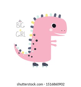 Cute pink dinosaur roller runner. Kids apparel print. Vector hand drawn illustration.