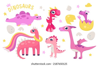 Cute Pink Dinosaur Set Vector Illustration. Cartoon Isolated Adorable Dino Characters For Childish Collection Of Kindergarten Decoration, Funny Prehistoric Baby Animal In Egg, Little Tyrannosaurus