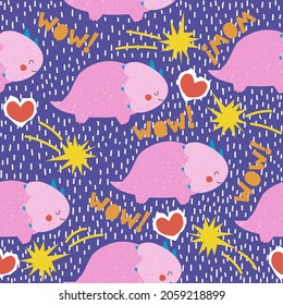 Cute pink dinosaurs seamless pattern. Vector hand drawn illustration.