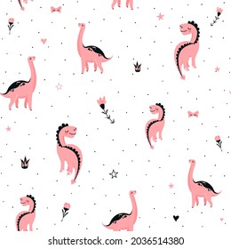 Dinosaurios rosados sin fisuras patrón vectorial con puntos, corona, flor. Diseño de impresiones infantiles en estilo escandinavo.