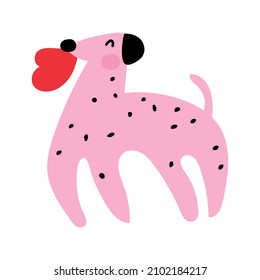 Cute pink dog hold red heart in mouth. Vector hand drawn illustration for Valentine's day.