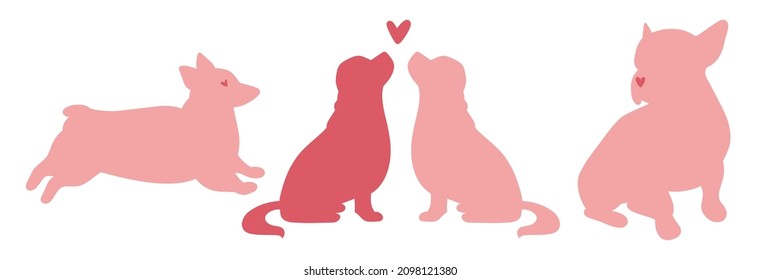 Cute pink dogs with hearts. Bulldog or pug, Cavalier King Charles Spaniel, welsh corgi dogs breeds silhouettes. Cupid. I love you. Valentine's Day. Vector flat design