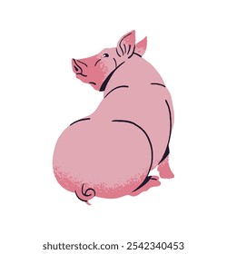 Cute pink domestic pig sits, relaxes at barnyard. Funny fat swine, livestock, farm animal of ranch. Happy farming pet of country. Homestead fauna. Flat isolated vector illustration on white background