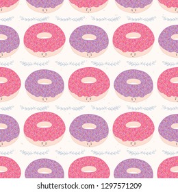 Cute pink donut cartoon with rainbow sprinkles vector illustration. Seamless repeating pattern. Hand drawn kawaii pastry with smiling face for bakery foodie blog, kitchen decor, cafe all over print.